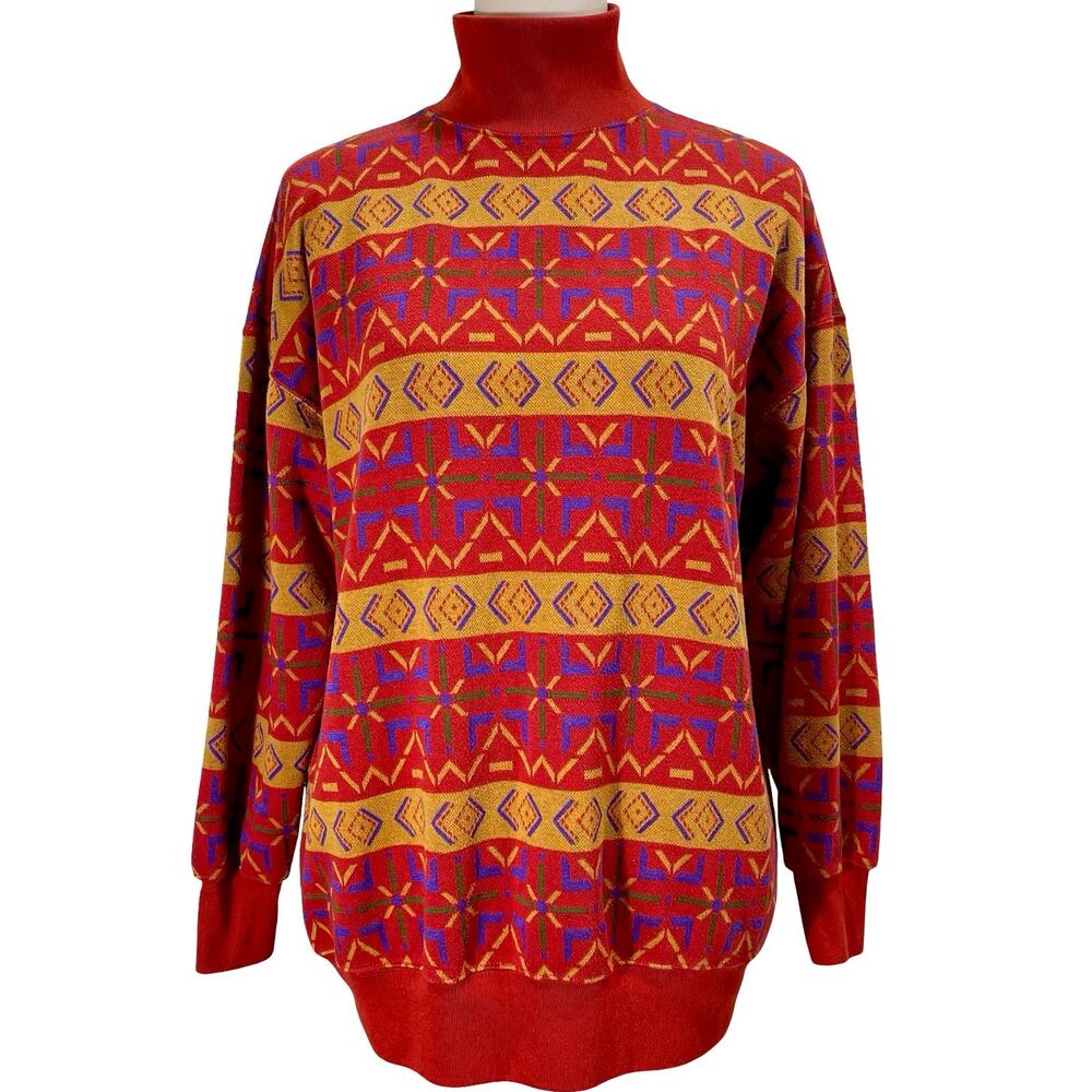 Vintage 90s Autograph Turtleneck Sweater Geometric Southwestern Knit Size Medium